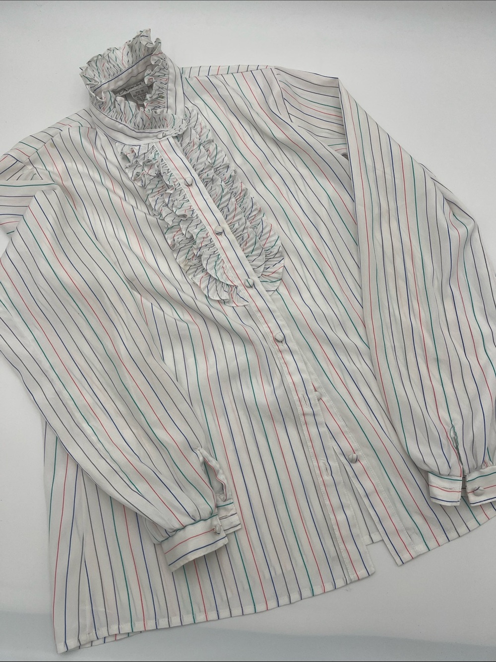 Women's Vintage White Multi-Stripe Ruffle Button-Down Shirt by Amelia B
